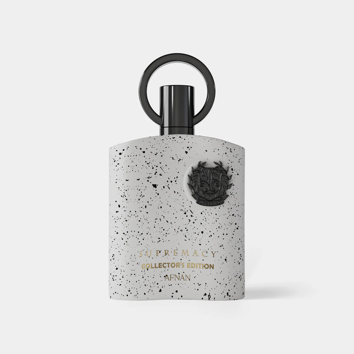 Perfume bottle with speckled design and black cap on a white background