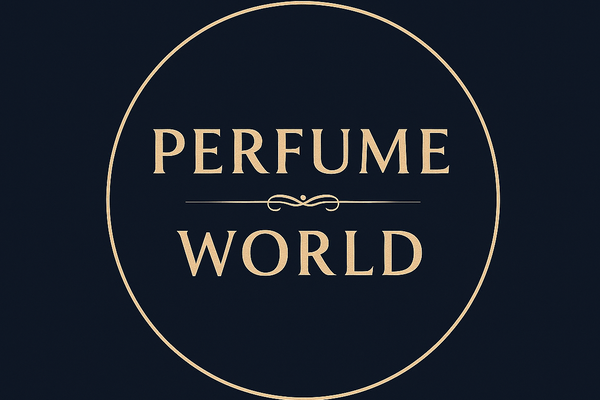 Logo of 'Perfume World' with gold text on a black background